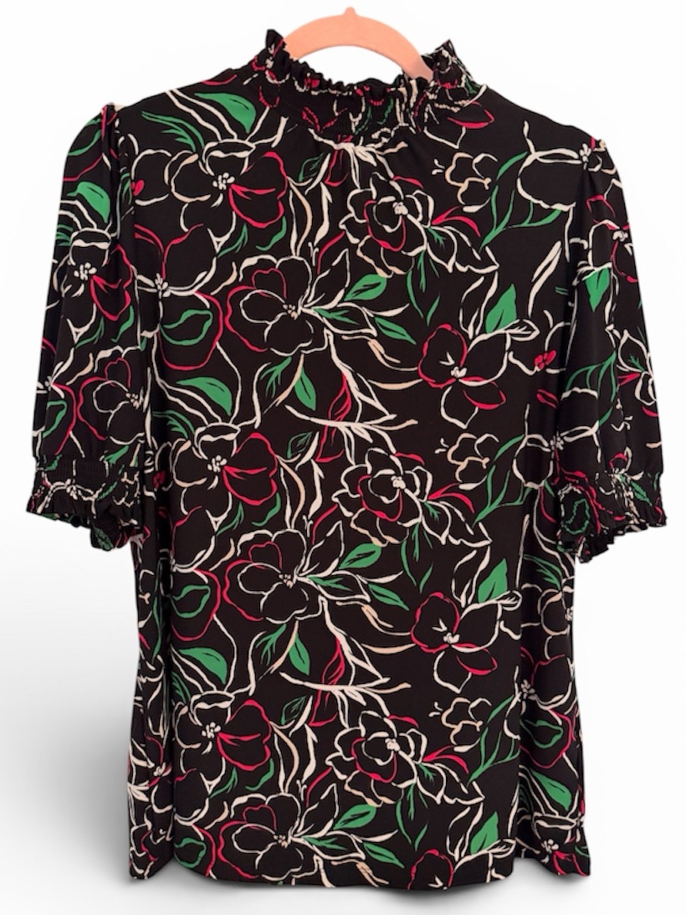 ANNE KLEIN M Black Floral Puff-Sleeved Top